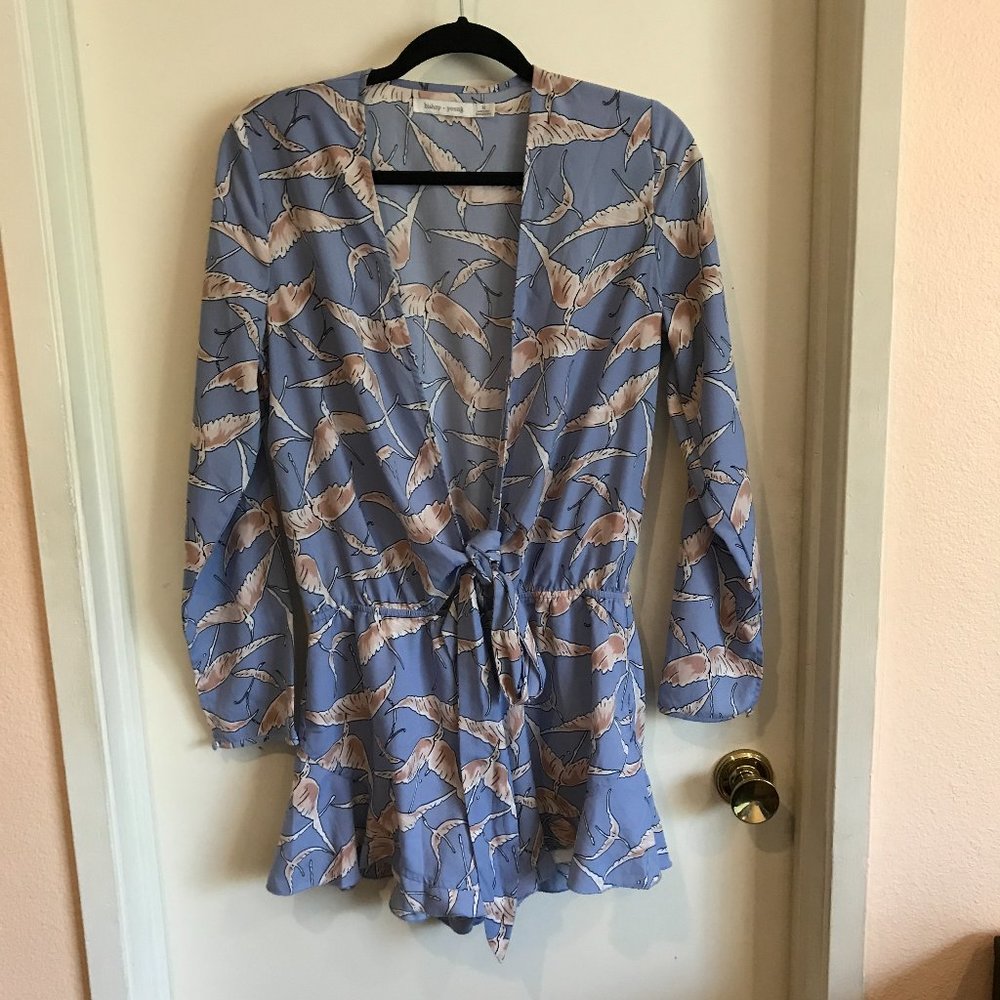 Bishop + Young Laguna Coastal Romper Long Sleeve Deep V Neck Birds Size Medium